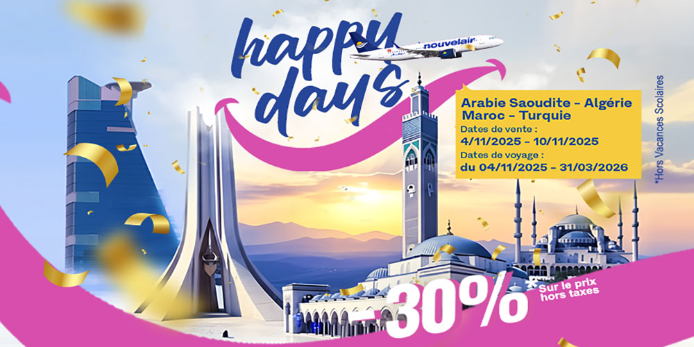 Nouvelair lance sa promo Happy Days : profitez de -30% de réduction vers l’Arabie saoudite, l’Algérie, le Maroc et la Turquie