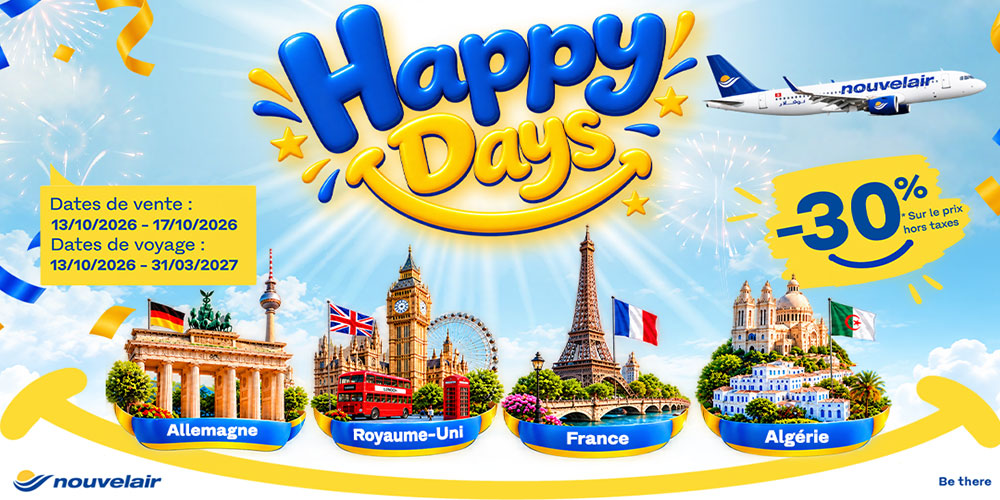 Happy Days de nouvelair : cap sur la France, l’Allemagne, le Royaume-Uni et l’Algérie à -30 %